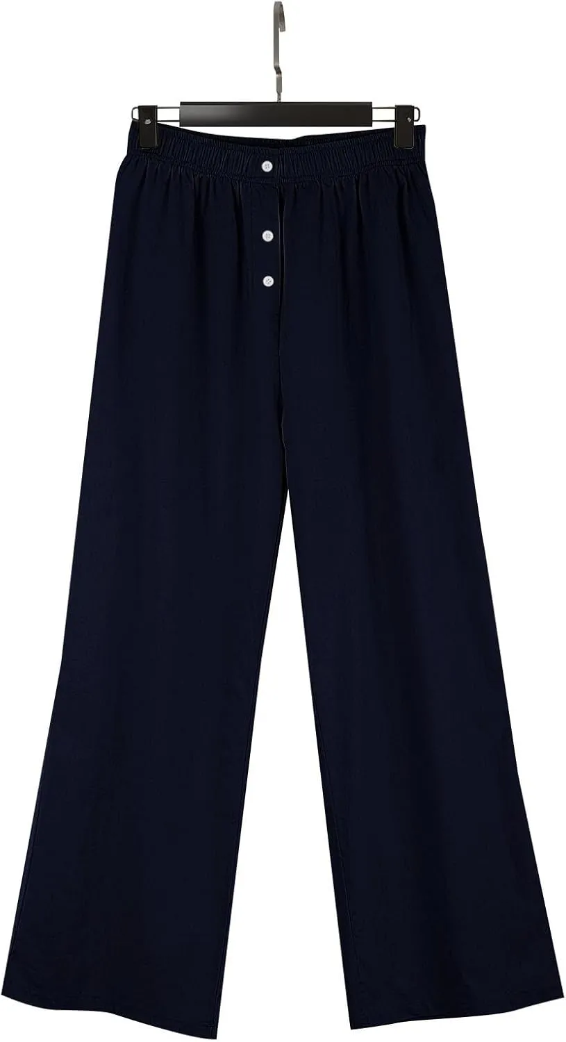 Linen Pants Women Comfy Flowy Wide Leg Pants Summer Baggy High Waisted Palazzo Beach Pants Trousers with Pockets