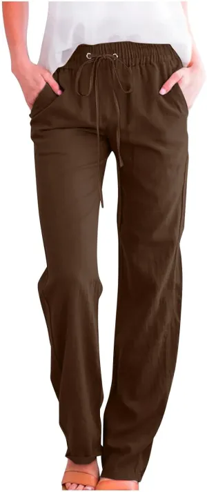Linen Pants Women Summer Casual Straight Leg Pants Trendy Drawstring Waist Loose Beach Trousers Lounge Palazzo