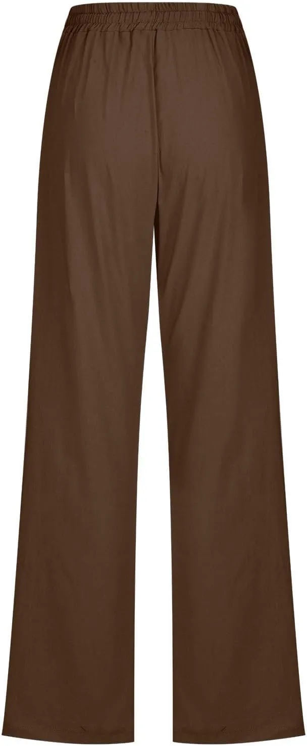 Linen Pants Women Summer Casual Straight Leg Pants Trendy Drawstring Waist Loose Beach Trousers Lounge Palazzo