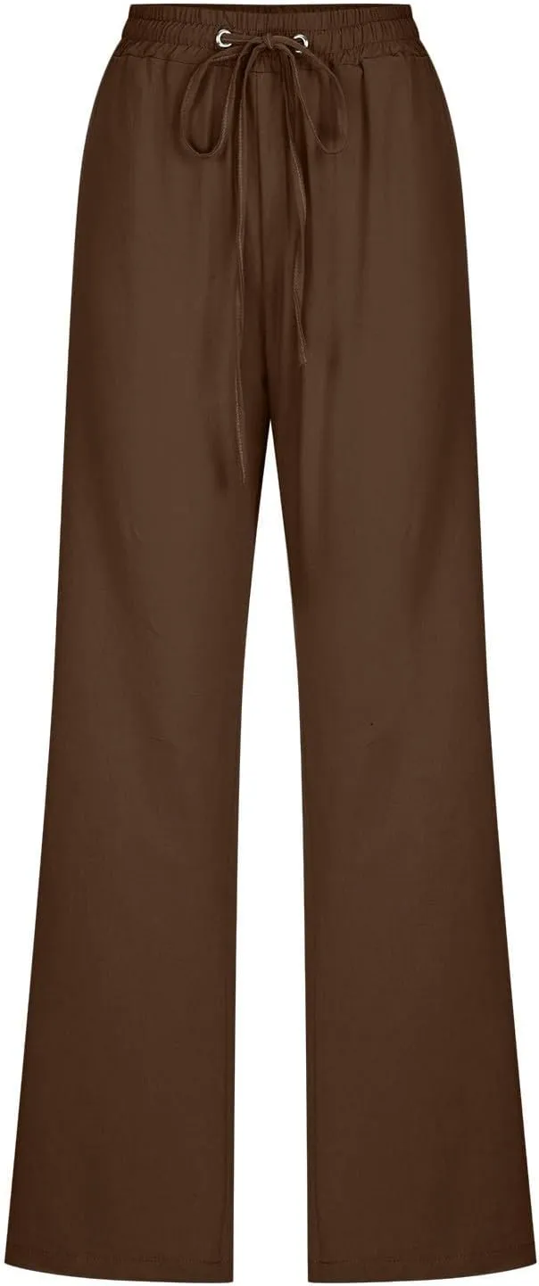 Linen Pants Women Summer Casual Straight Leg Pants Trendy Drawstring Waist Loose Beach Trousers Lounge Palazzo