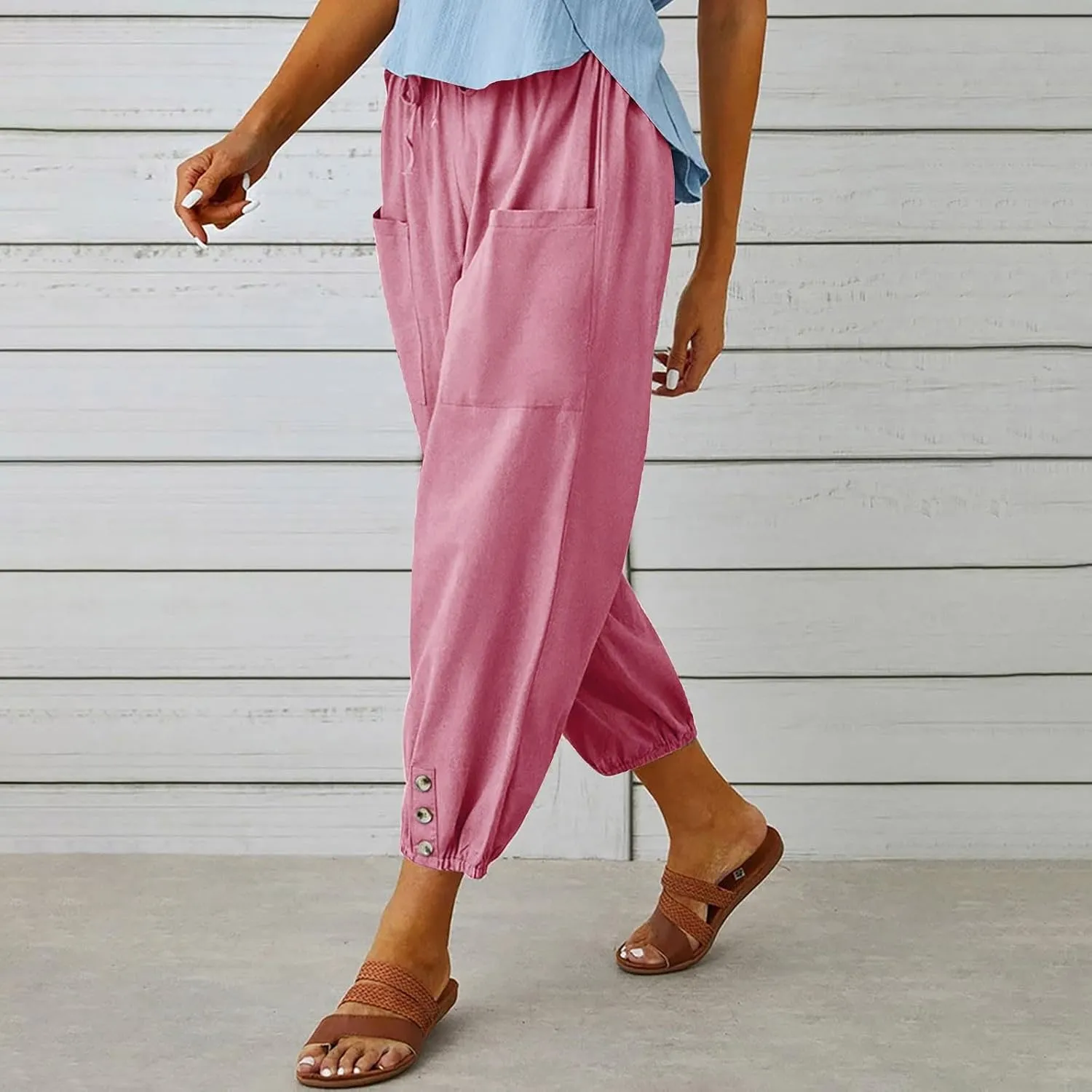 Linen Pants Women Summer High Waist Harem Cropped Pants Casual Loose Fit Trousers Beach Lounge Palazzo with Pocket