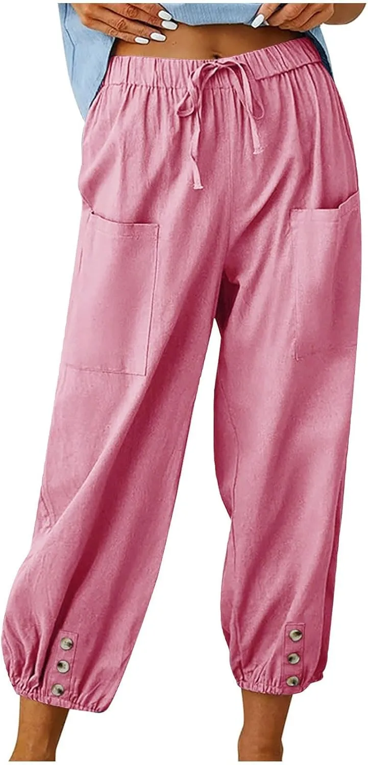 Linen Pants Women Summer High Waist Harem Cropped Pants Casual Loose Fit Trousers Beach Lounge Palazzo with Pocket