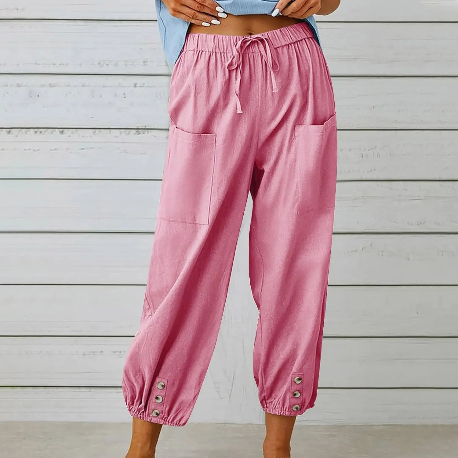 Linen Pants Women Summer High Waist Harem Cropped Pants Casual Loose Fit Trousers Beach Lounge Palazzo with Pocket