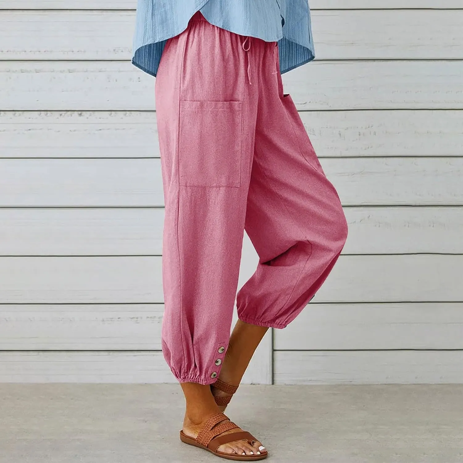 Linen Pants Women Summer High Waist Harem Cropped Pants Casual Loose Fit Trousers Beach Lounge Palazzo with Pocket