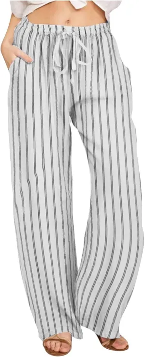 Linen Pants Women Summer Striped Wide Leg Pants Drawstring Elastic High Waisted Lounge Pants Casual Beach Trousers