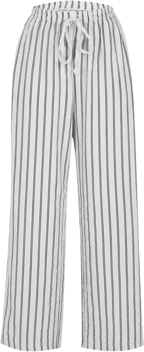 Linen Pants Women Summer Striped Wide Leg Pants Drawstring Elastic High Waisted Lounge Pants Casual Beach Trousers