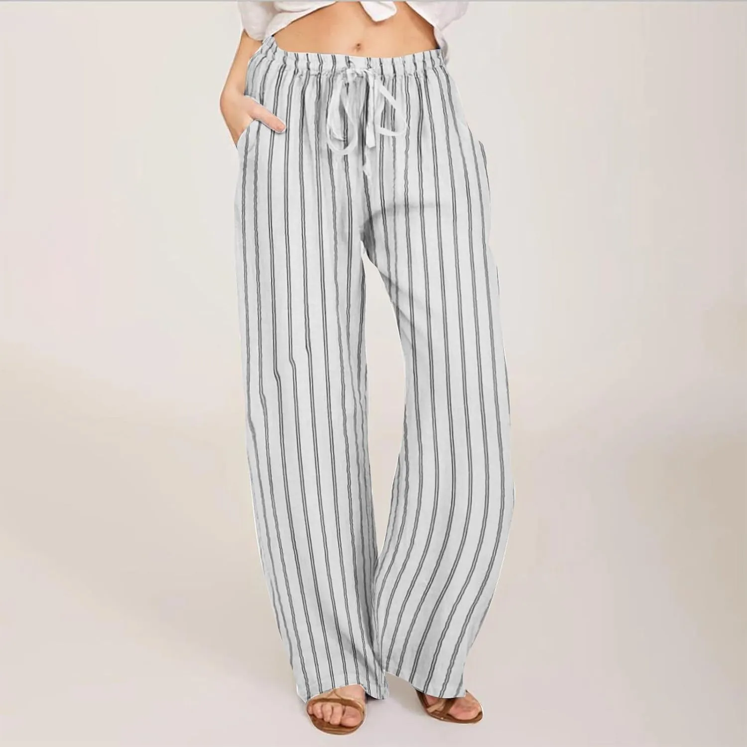 Linen Pants Women Summer Striped Wide Leg Pants Drawstring Elastic High Waisted Lounge Pants Casual Beach Trousers