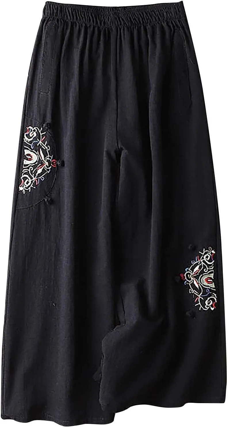 Linen Pants Women Trendy Ethnic Embroidered Cropped Trousers Summer Casual Wide Leg Lounge Palazzo with Pockets