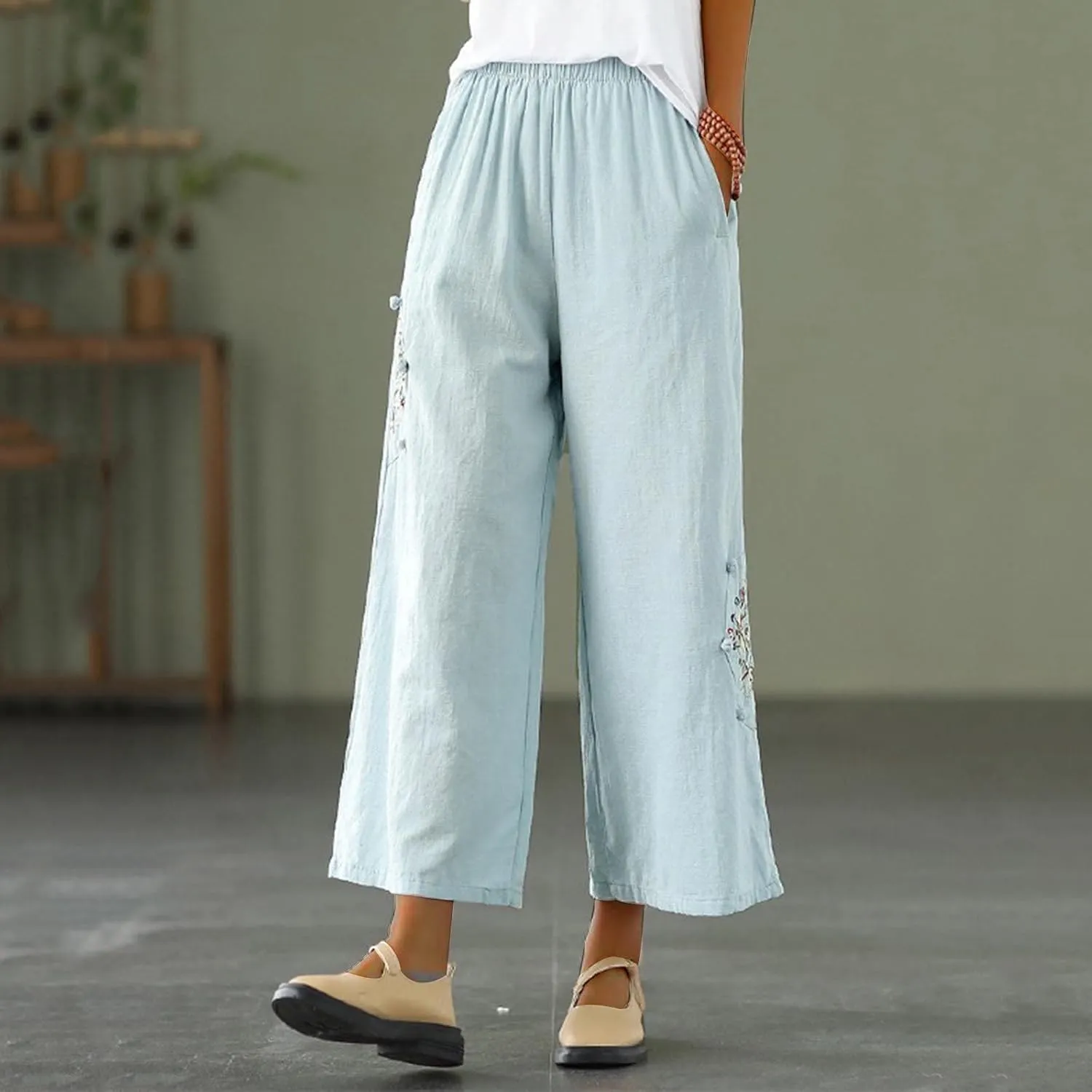 Linen Pants Women Trendy Ethnic Embroidered Cropped Trousers Summer Casual Wide Leg Lounge Palazzo with Pockets