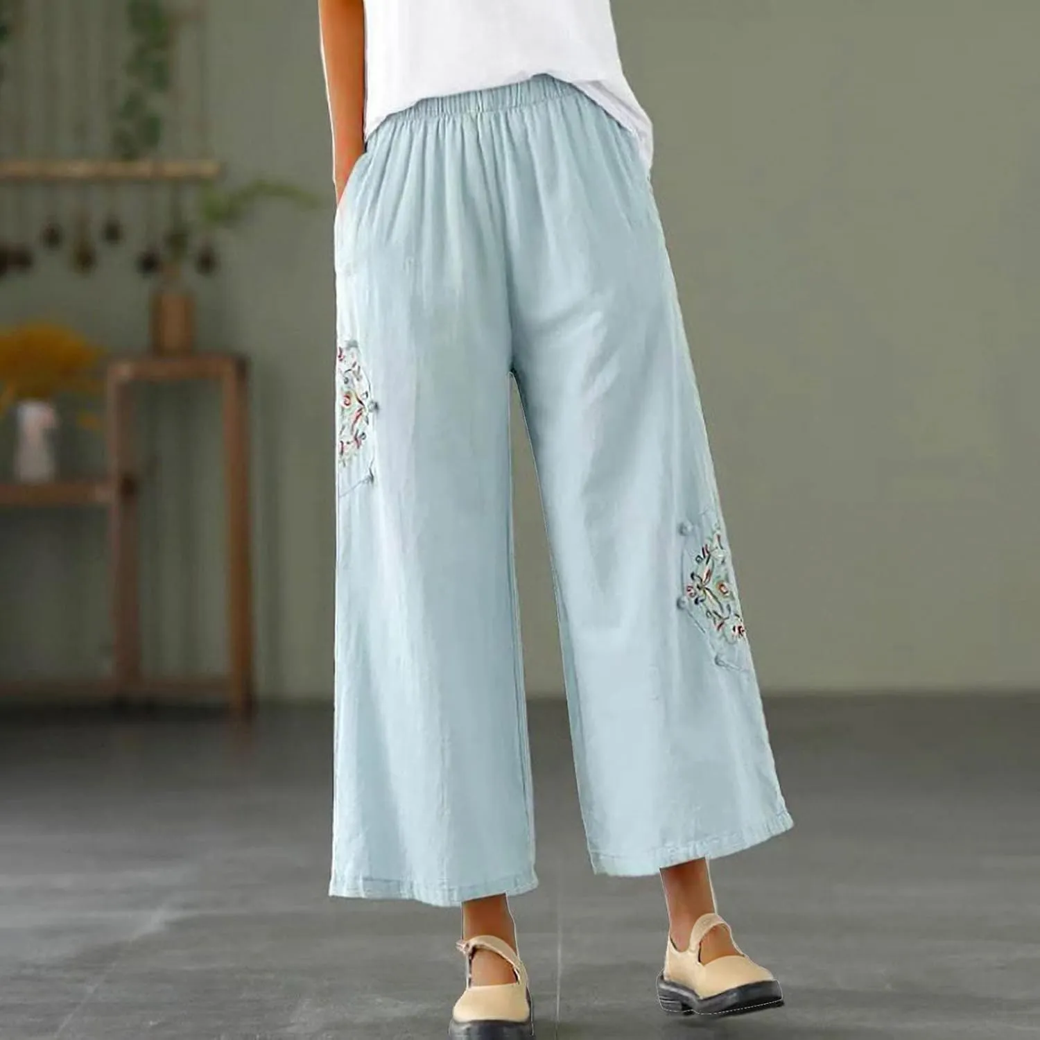 Linen Pants Women Trendy Ethnic Embroidered Cropped Trousers Summer Casual Wide Leg Lounge Palazzo with Pockets