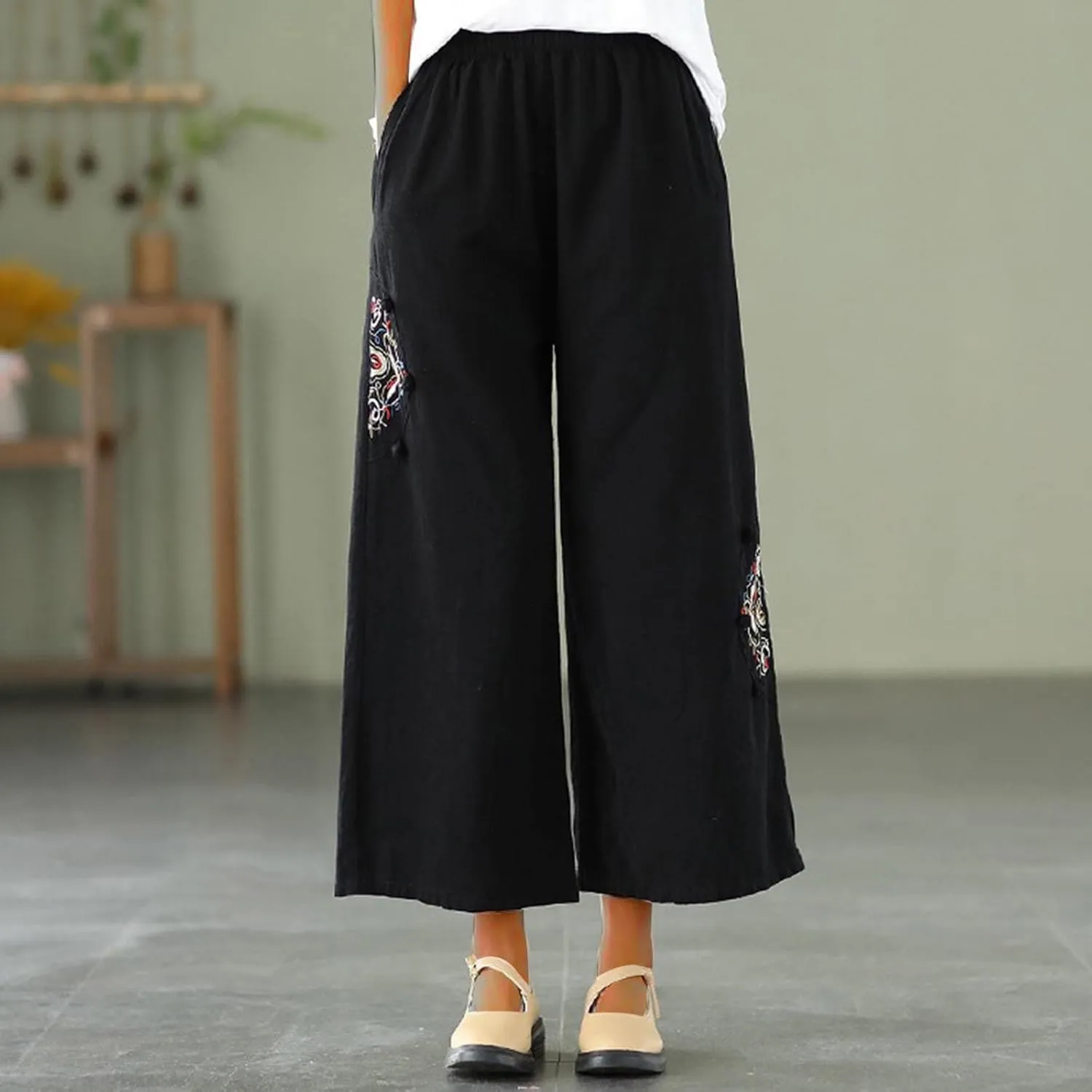 Linen Pants Women Trendy Ethnic Embroidered Cropped Trousers Summer Casual Wide Leg Lounge Palazzo with Pockets