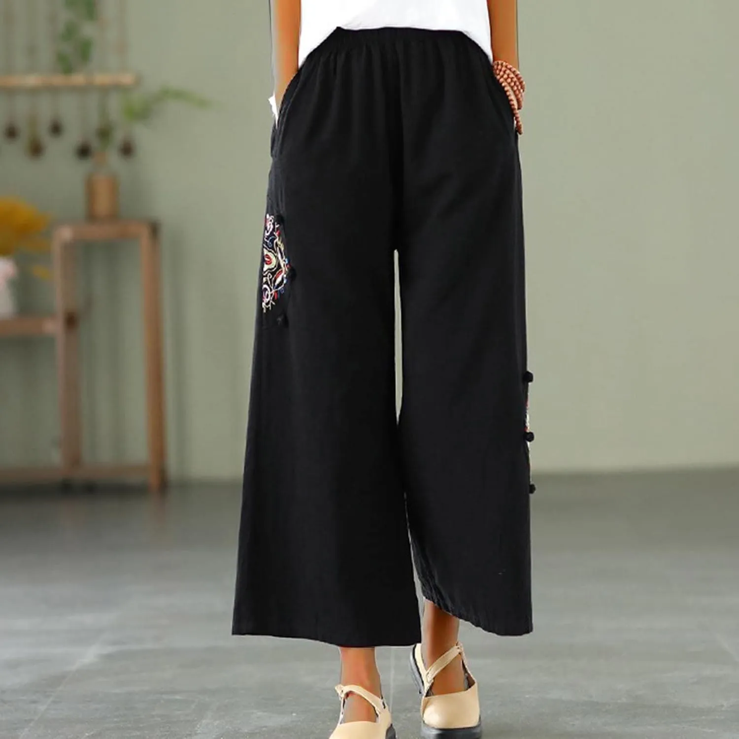 Linen Pants Women Trendy Ethnic Embroidered Cropped Trousers Summer Casual Wide Leg Lounge Palazzo with Pockets