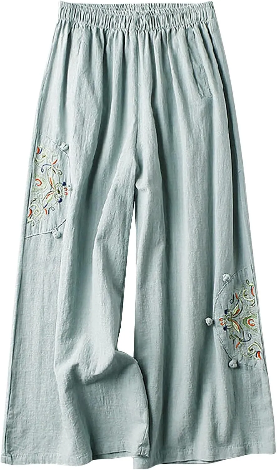 Linen Pants Women Trendy Ethnic Embroidered Cropped Trousers Summer Casual Wide Leg Lounge Palazzo with Pockets