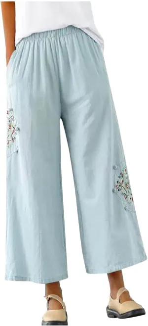 Linen Pants Women Trendy Ethnic Embroidered Cropped Trousers Summer Casual Wide Leg Lounge Palazzo with Pockets