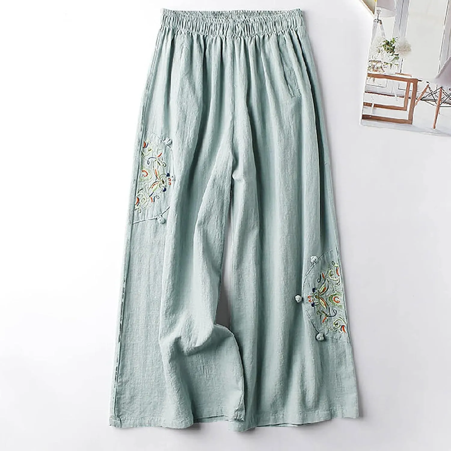 Linen Pants Women Trendy Ethnic Embroidered Cropped Trousers Summer Casual Wide Leg Lounge Palazzo with Pockets