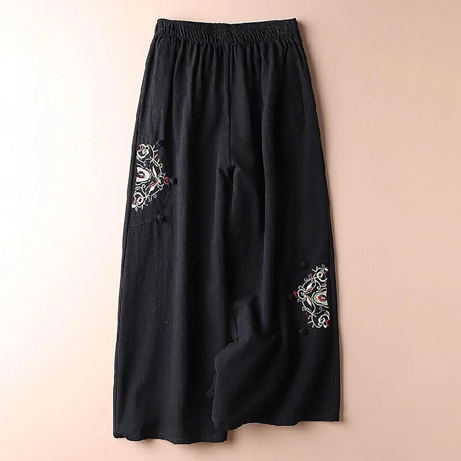 Linen Pants Women Trendy Ethnic Embroidered Cropped Trousers Summer Casual Wide Leg Lounge Palazzo with Pockets