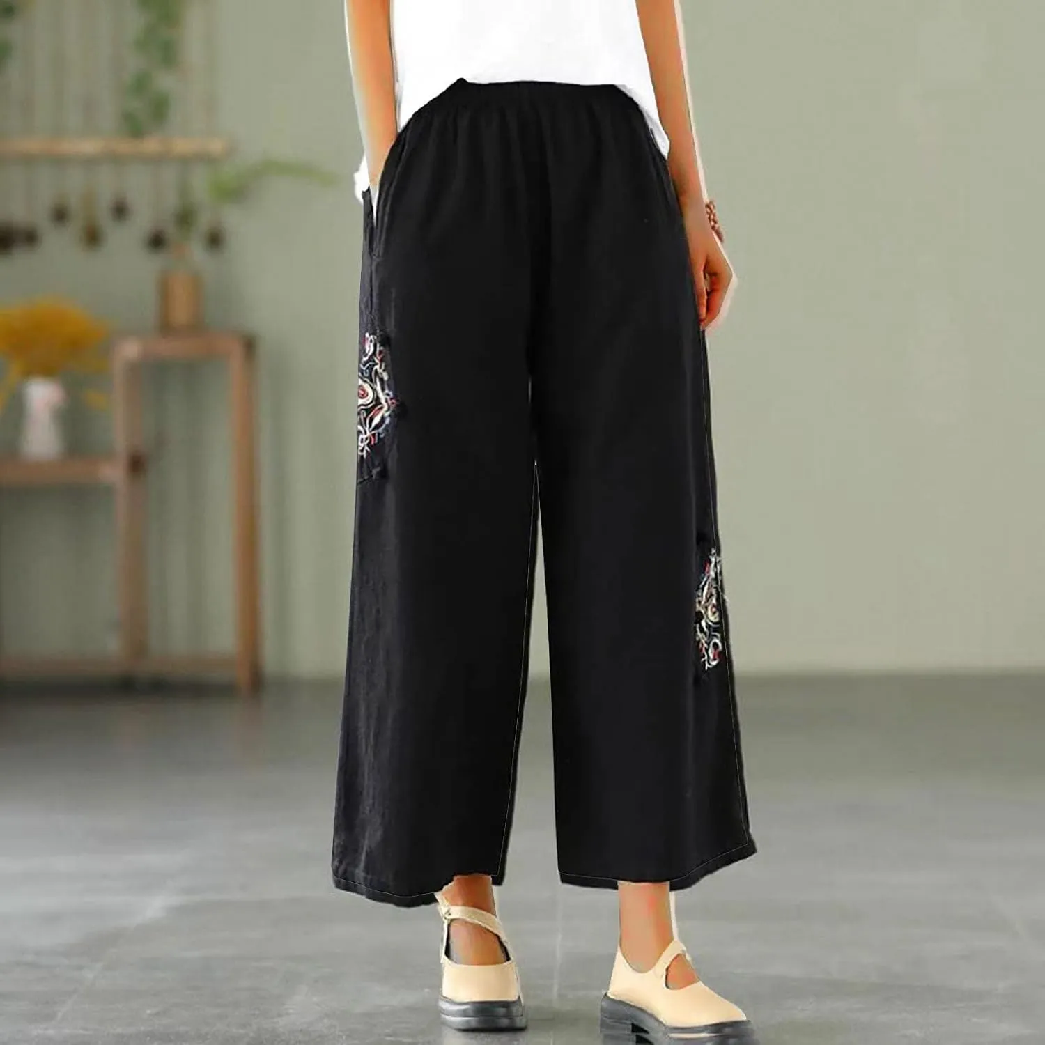 Linen Pants Women Trendy Ethnic Embroidered Cropped Trousers Summer Casual Wide Leg Lounge Palazzo with Pockets