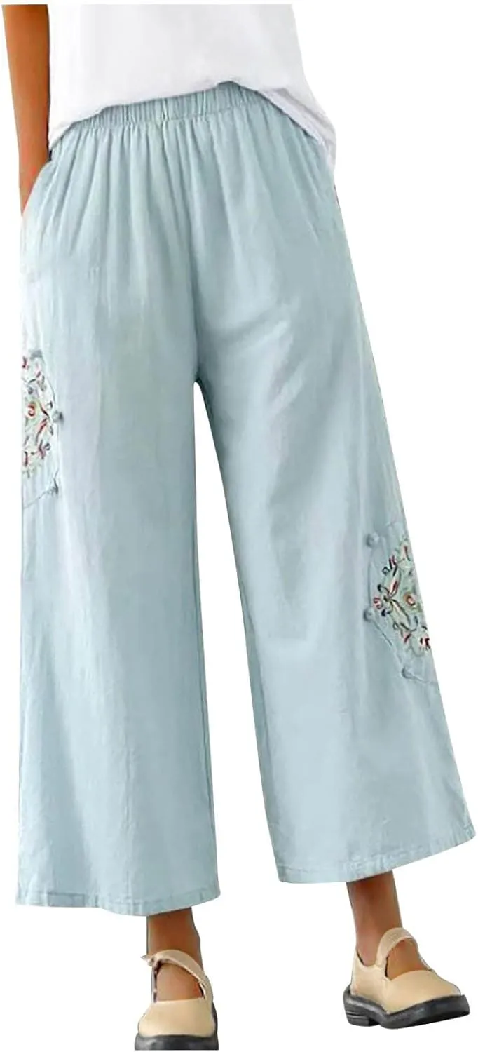 Linen Pants Women Trendy Ethnic Embroidered Cropped Trousers Summer Casual Wide Leg Lounge Palazzo with Pockets