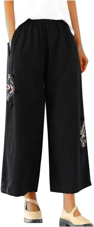 Linen Pants Women Trendy Ethnic Embroidered Cropped Trousers Summer Casual Wide Leg Lounge Palazzo with Pockets