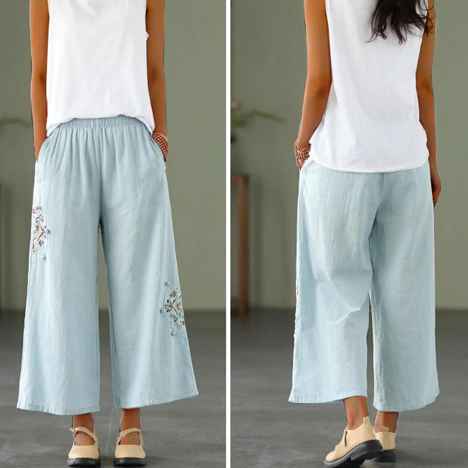 Linen Pants Women Trendy Ethnic Embroidered Cropped Trousers Summer Casual Wide Leg Lounge Palazzo with Pockets