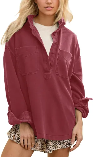 Locachy Women's Casual Oversized Polo Sweatshirt Lapel Long Sleeve Button Pullover Tops Fashion Outfits Clothes