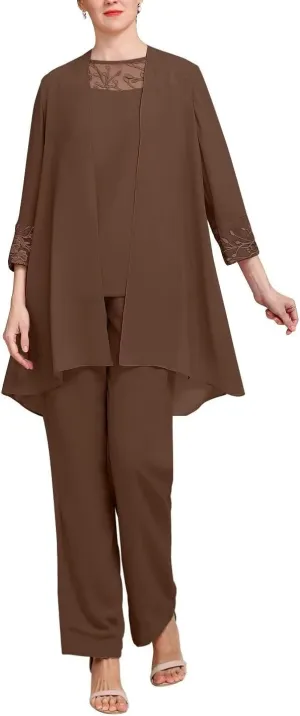 Long Sleeves 3 Pieces Mother of The Bride Pant Suits Sets Wedding Guest Lace with Jacket