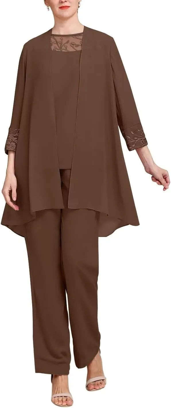 Long Sleeves 3 Pieces Mother of The Bride Pant Suits Sets Wedding Guest Lace with Jacket