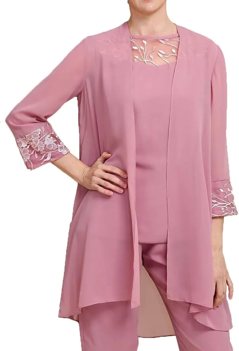 Long Sleeves 3 Pieces Mother of The Bride Pant Suits Sets Wedding Guest Lace with Jacket