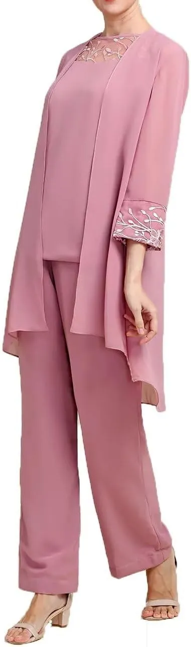 Long Sleeves 3 Pieces Mother of The Bride Pant Suits Sets Wedding Guest Lace with Jacket