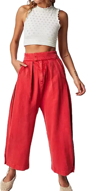 loveimgs Women Pleated Baggy Mid Rise Wide Leg Barrel Jeans Denim Pants Y2k Elastic Waist Harem Pants Pockets