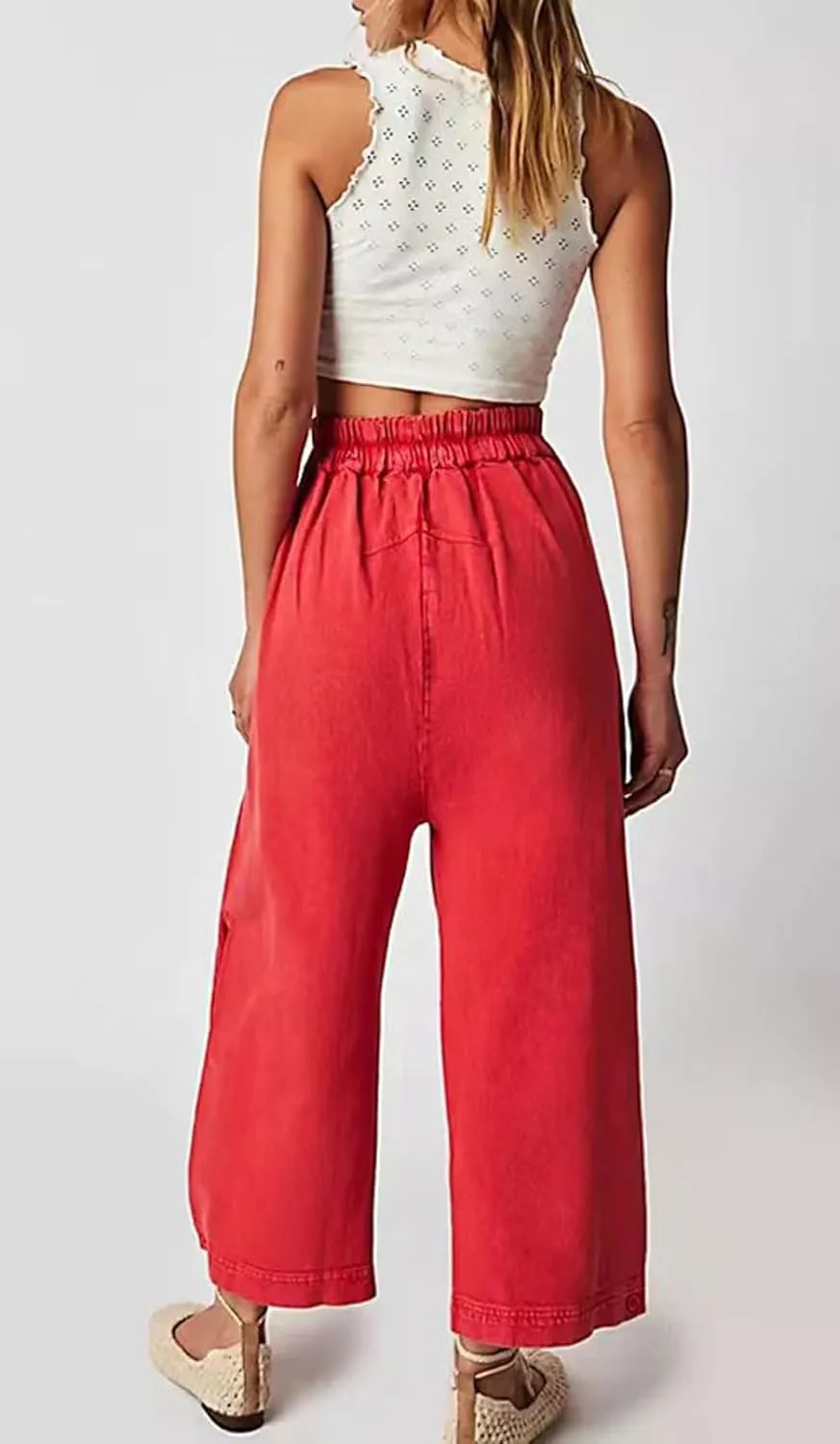 loveimgs Women Pleated Baggy Mid Rise Wide Leg Barrel Jeans Denim Pants Y2k Elastic Waist Harem Pants Pockets