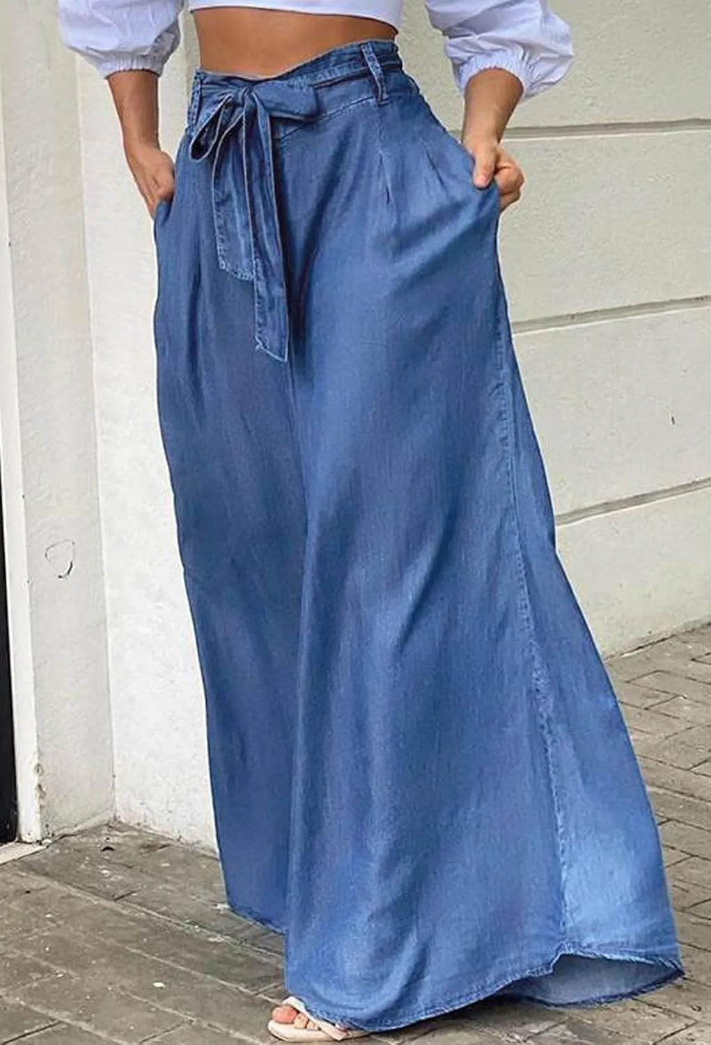 loveimgs Women's Tie Front High Waist Denim Pants Pleated Flowy Wide Leg Jean Pants Trousers with Pockets