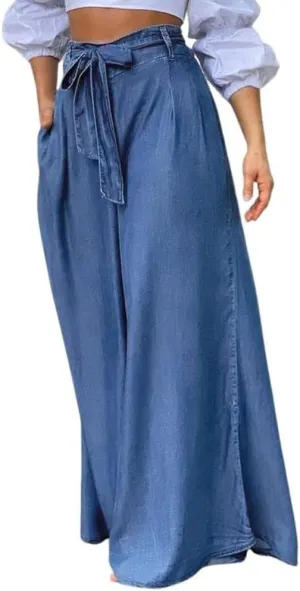 loveimgs Women's Tie Front High Waist Denim Pants Pleated Flowy Wide Leg Jean Pants Trousers with Pockets