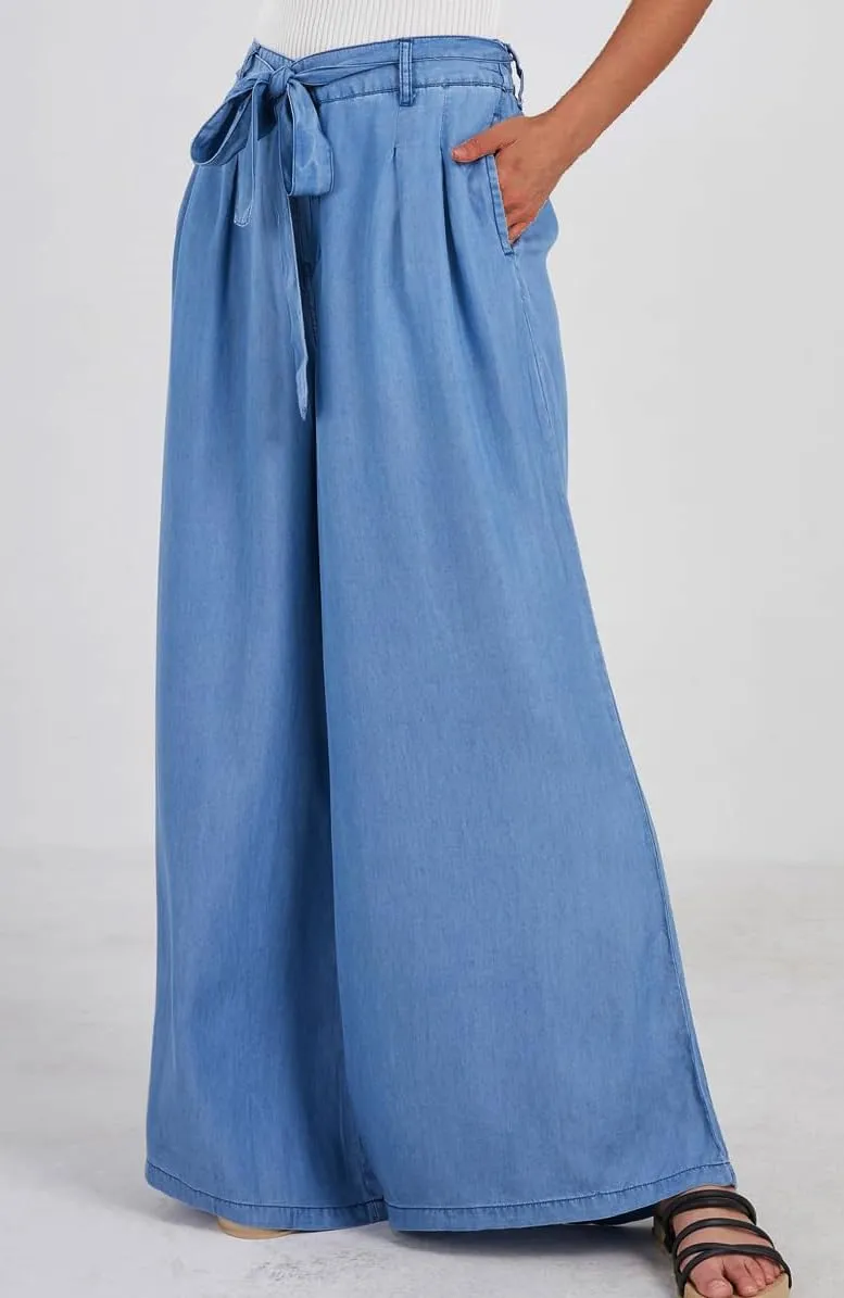 loveimgs Women's Tie Front High Waist Denim Pants Pleated Flowy Wide Leg Jean Pants Trousers with Pockets