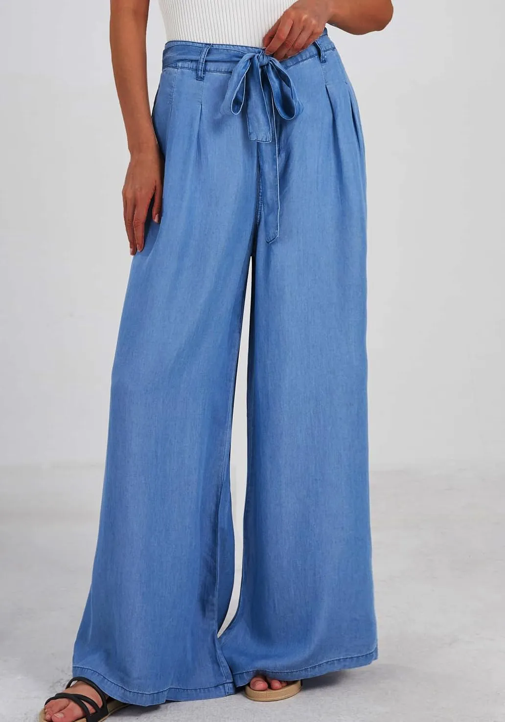loveimgs Women's Tie Front High Waist Denim Pants Pleated Flowy Wide Leg Jean Pants Trousers with Pockets