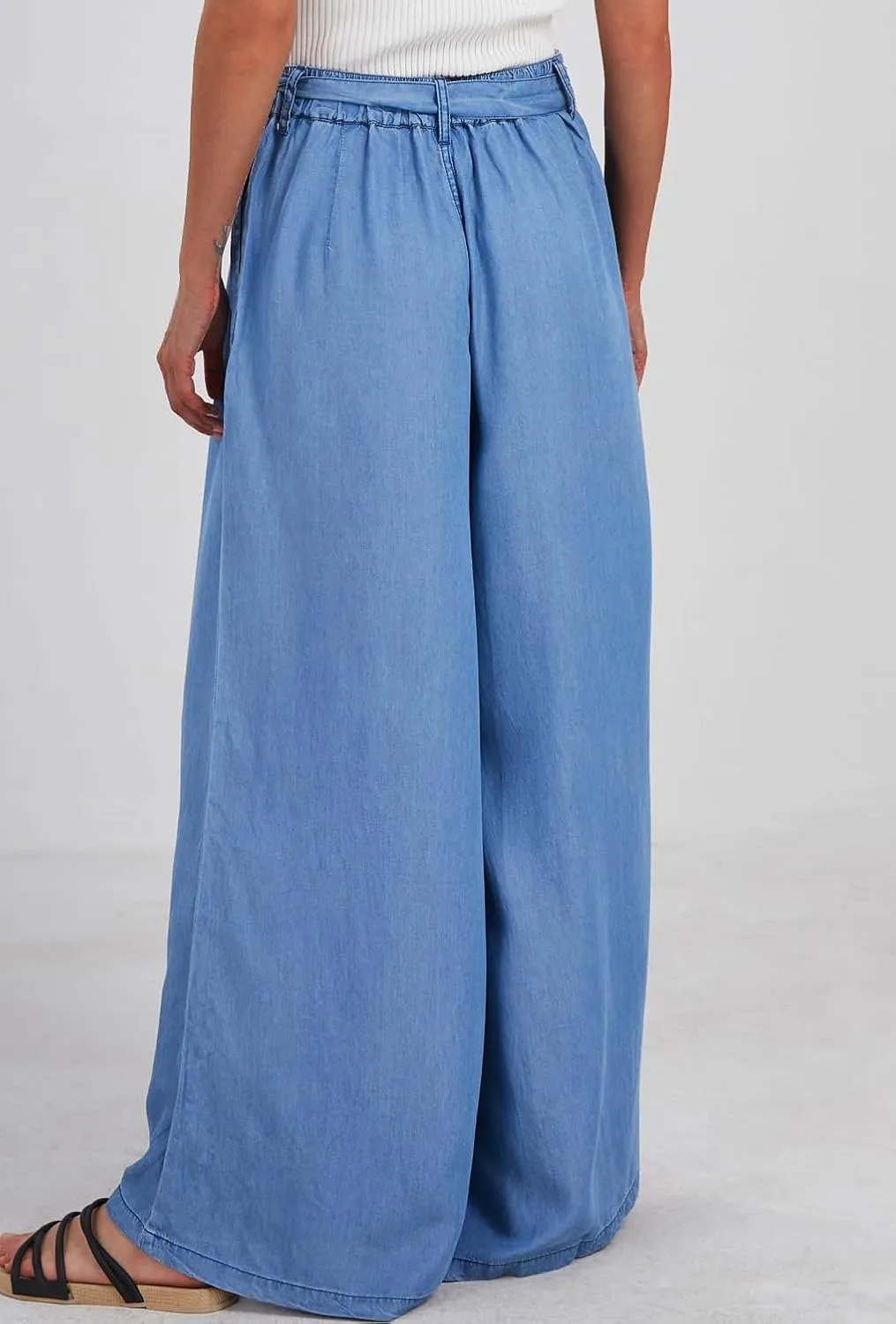 loveimgs Women's Tie Front High Waist Denim Pants Pleated Flowy Wide Leg Jean Pants Trousers with Pockets