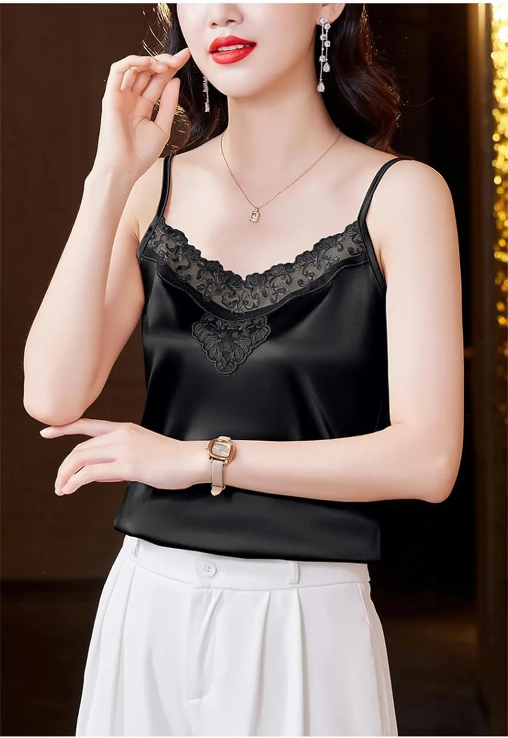 M-4XL Korean Fashion Satin Shirt 2024 Spring Summer New Patchwork Lace Camisole V-Neck Sleeveless Camis Tops
