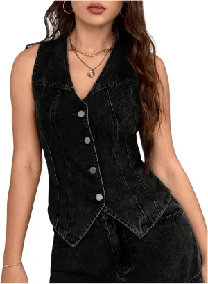 MakeMeChic Women's Denim Vest Tops Sleeveless Button Down V Neck Asymmetrical Hem Crop Jean Vest