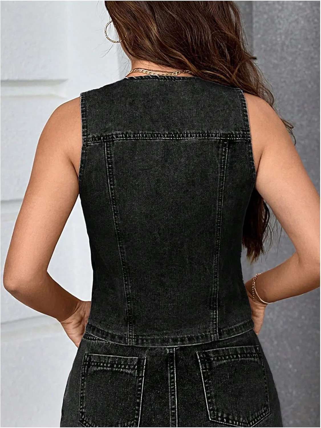 MakeMeChic Women's Denim Vest Tops Sleeveless Button Down V Neck Asymmetrical Hem Crop Jean Vest