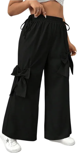 MakeMeChic Women's Plus Size Elastic Waist Baggy Sweatpants Side Tie Bow Wide Leg Y2K Pants