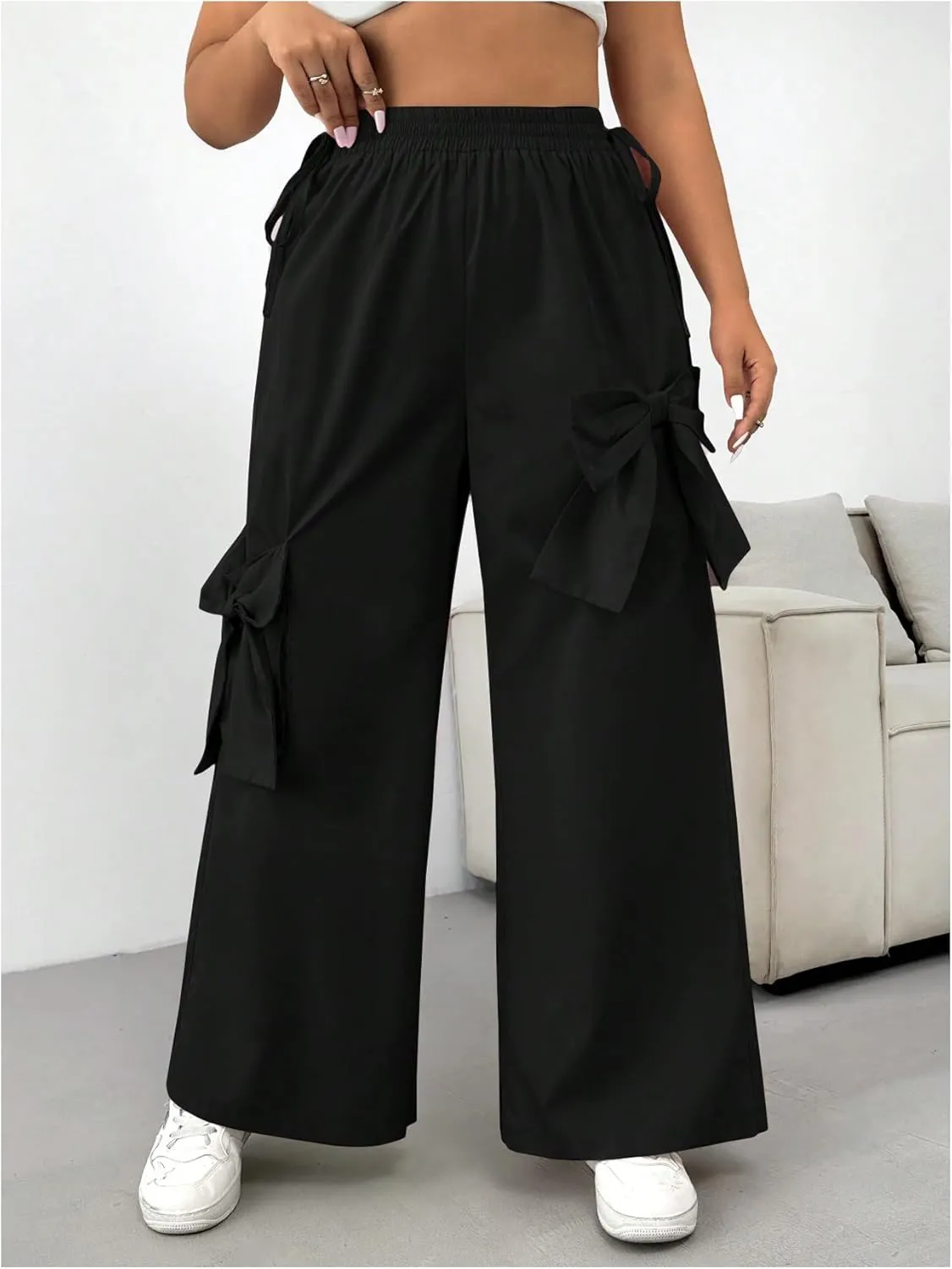 MakeMeChic Women's Plus Size Elastic Waist Baggy Sweatpants Side Tie Bow Wide Leg Y2K Pants