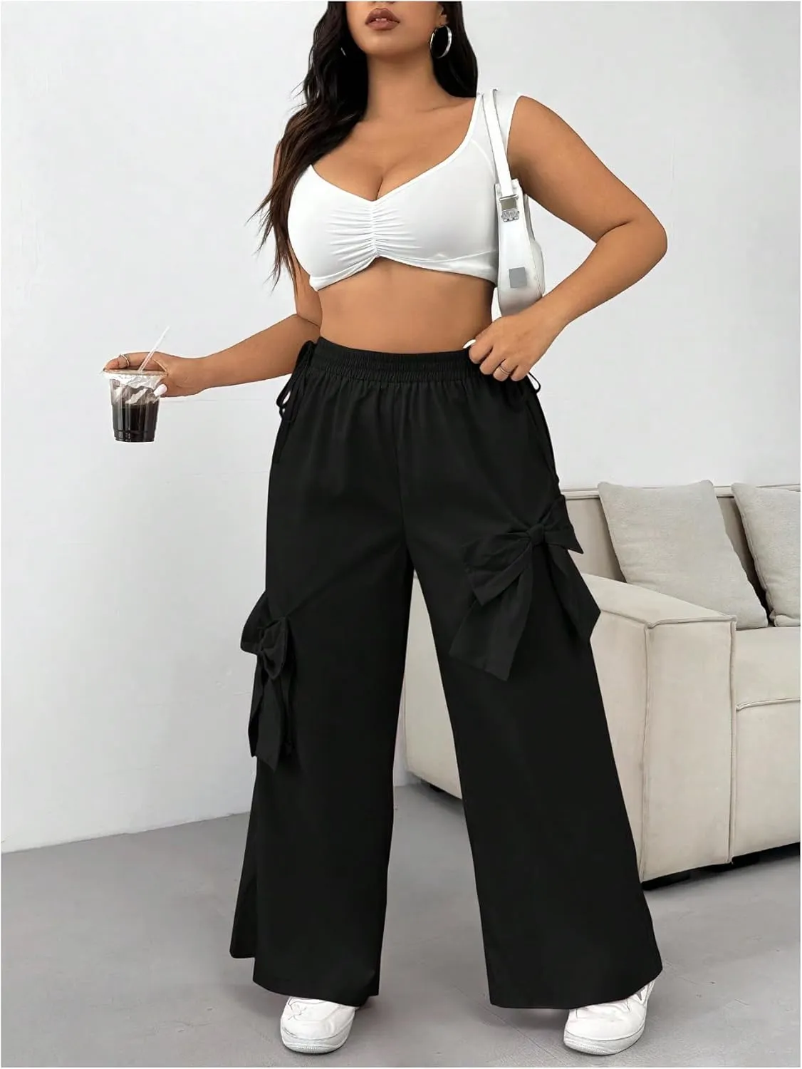MakeMeChic Women's Plus Size Elastic Waist Baggy Sweatpants Side Tie Bow Wide Leg Y2K Pants