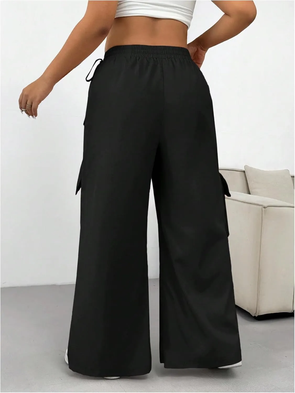 MakeMeChic Women's Plus Size Elastic Waist Baggy Sweatpants Side Tie Bow Wide Leg Y2K Pants
