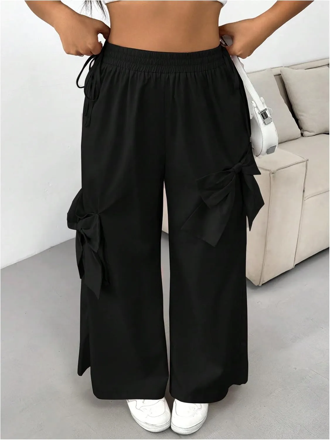 MakeMeChic Women's Plus Size Elastic Waist Baggy Sweatpants Side Tie Bow Wide Leg Y2K Pants