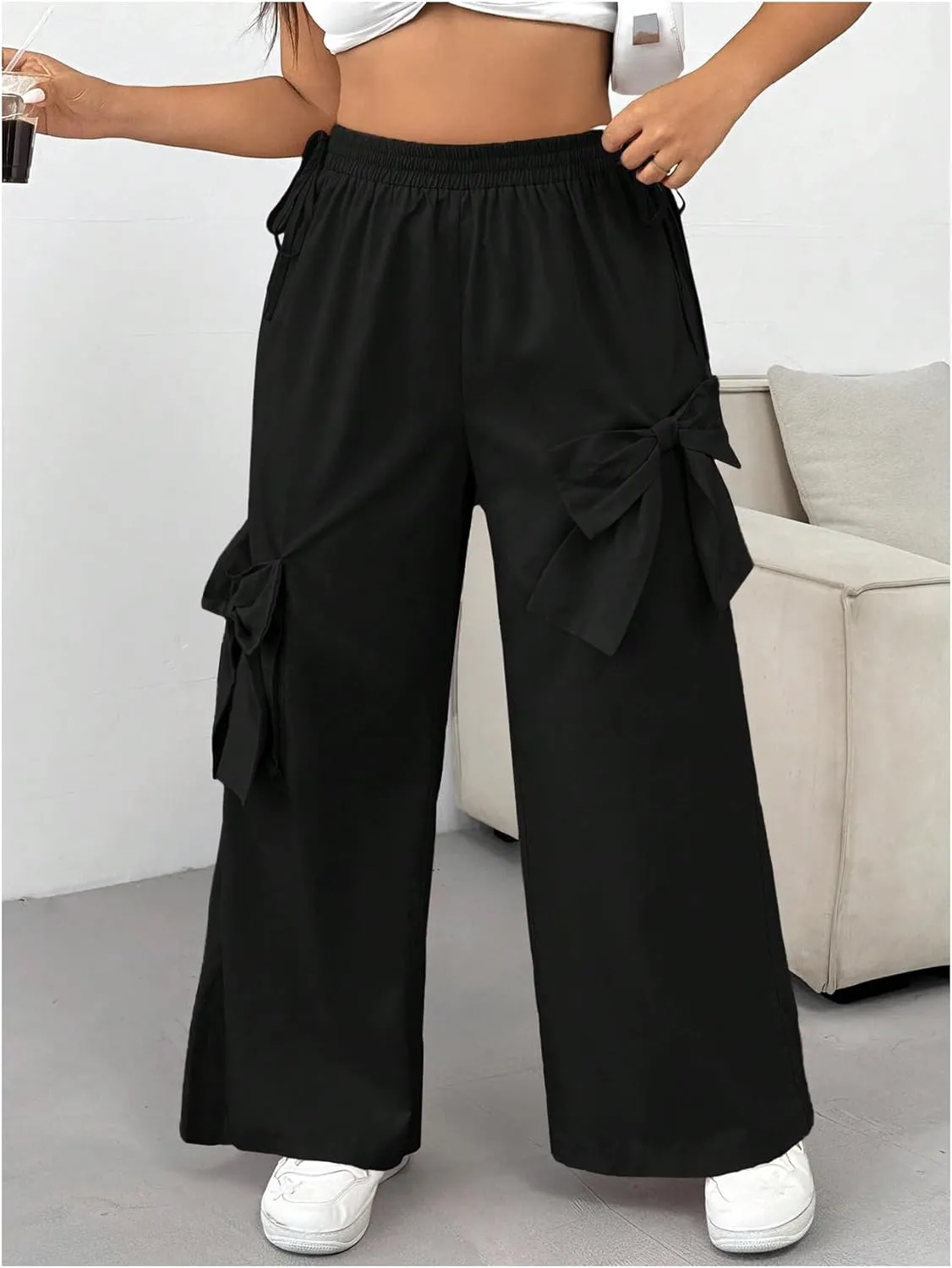 MakeMeChic Women's Plus Size Elastic Waist Baggy Sweatpants Side Tie Bow Wide Leg Y2K Pants