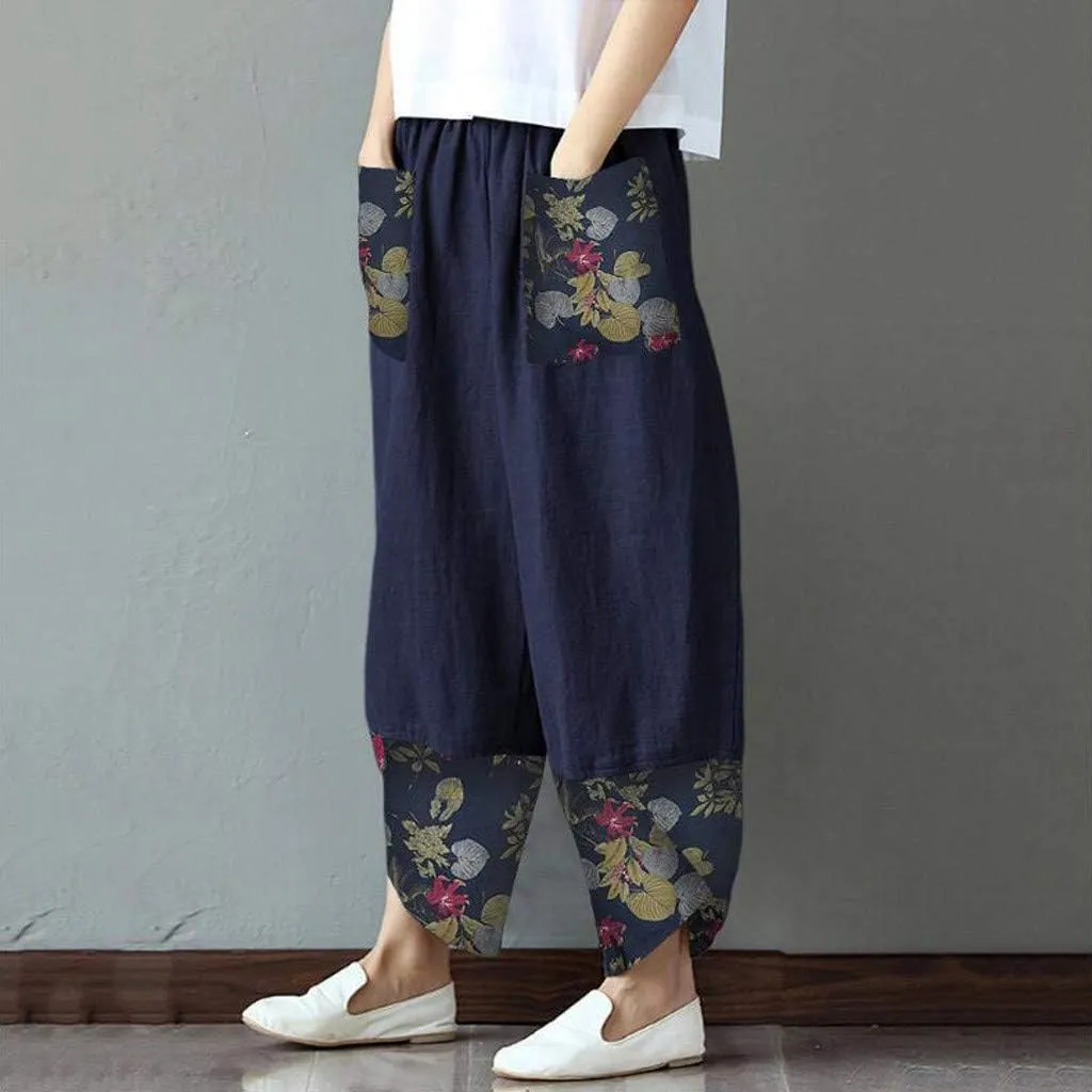 Maryia Wide Leg Baggy Cotton Linen Cropped Pants for Women Casual Patch Summer Vacasion Elastic Waist Tapered Harem Trousers