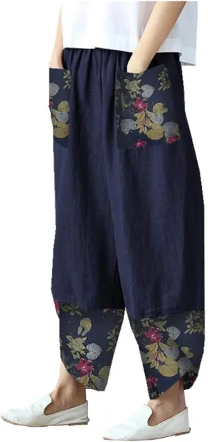 Maryia Wide Leg Baggy Cotton Linen Cropped Pants for Women Casual Patch Summer Vacasion Elastic Waist Tapered Harem Trousers