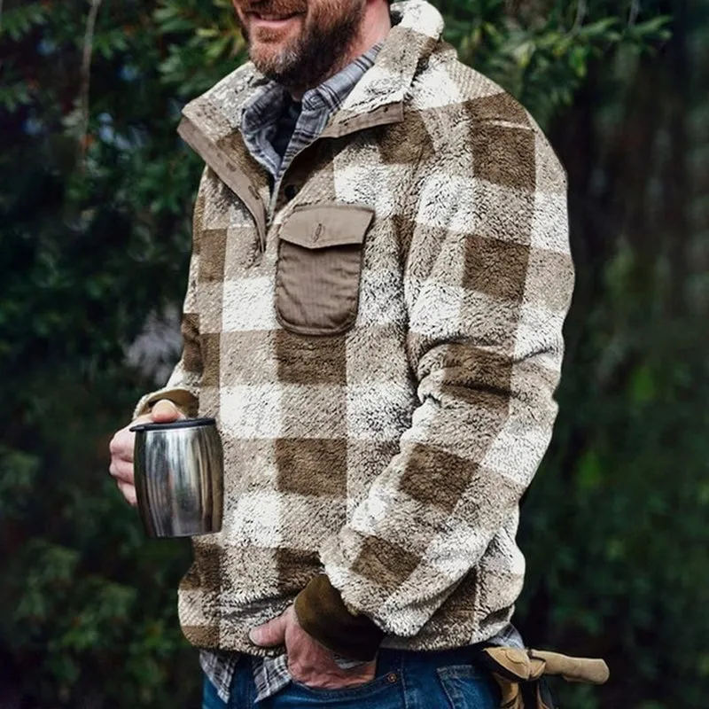 Men Plaid Jacket Winter Rurn down Neck Plush Sweater Men Button Pullover Plush Sweater with Pocket Outwear Windproof