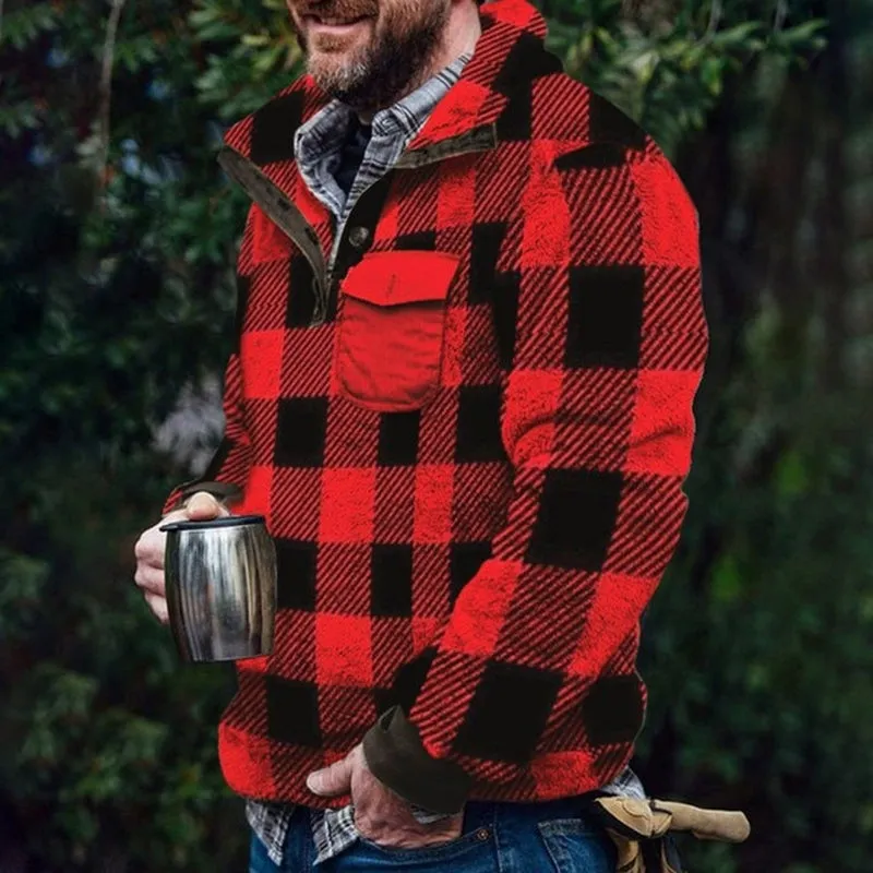 Men Plaid Jacket Winter Rurn down Neck Plush Sweater Men Button Pullover Plush Sweater with Pocket Outwear Windproof