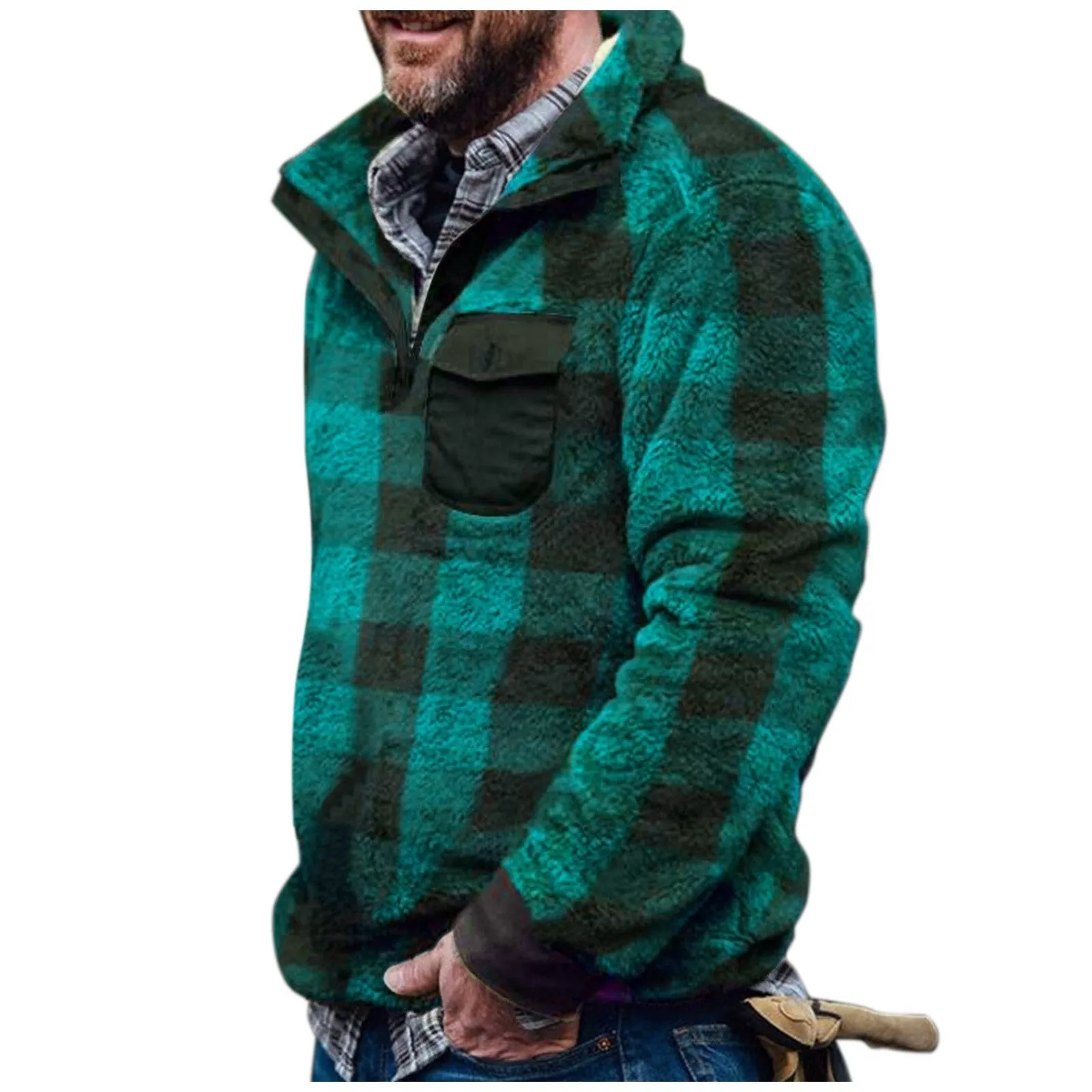 Men Plaid Jacket Winter Rurn down Neck Plush Sweater Men Button Pullover Plush Sweater with Pocket Outwear Windproof